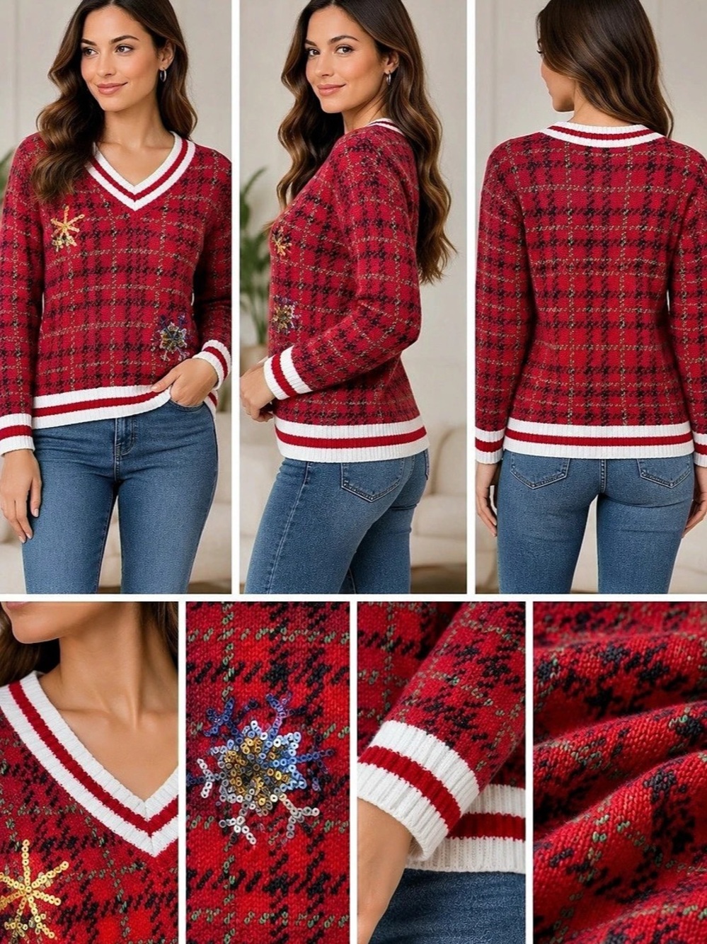 Joyland Women's Plaid V-Neck Sweater Size Large